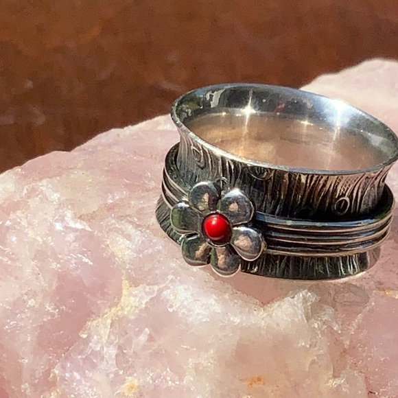 CORAL MEDITATION RING 925 STERLING SILVER RING, SIZE 6.5 - Picture 5 of 8